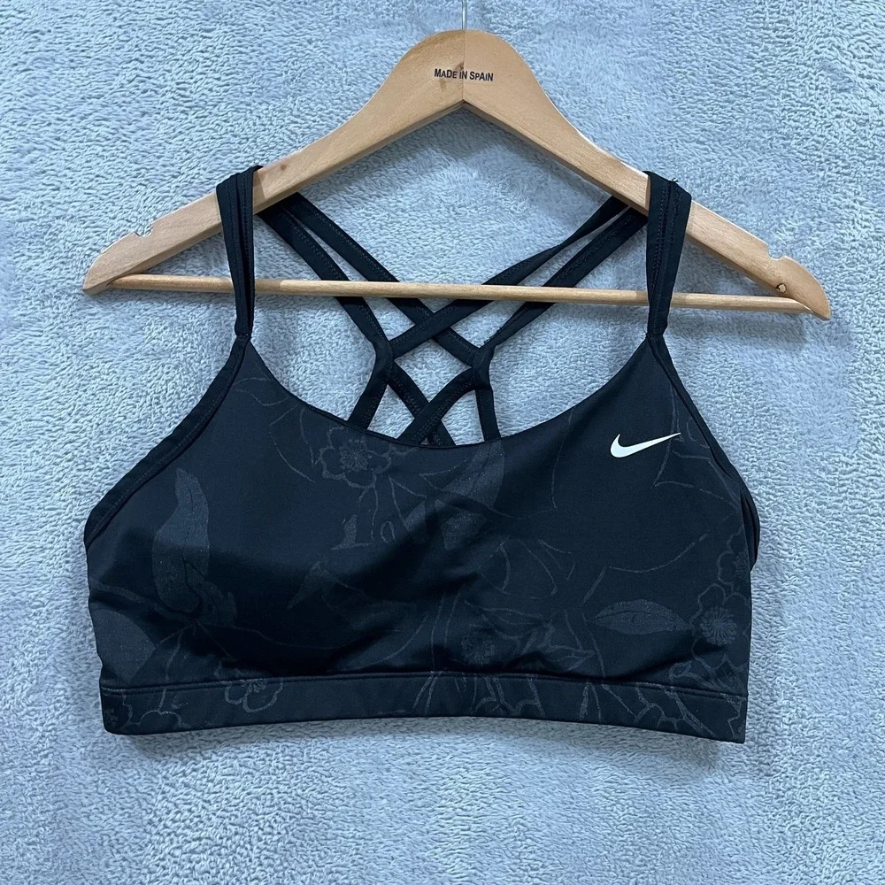 Nike Dri-Fit Sports Bra Womens L Black Floral Lined Strappy Crossback BV4901010
